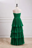 Green A-line Chiffon Strapless Layers Long Prom Dress Formal Evening Dress HZ1024