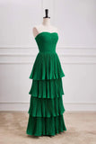 Green A-line Chiffon Strapless Layers Long Prom Dress Formal Evening Dress HZ1024