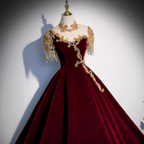 A-line Velvet Beaded Sequined Long Prom Dress with Gold Appliques Formal Evening Gown HZ1024