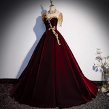 A-line Velvet Beaded Sequined Long Prom Dress with Gold Appliques Formal Evening Gown HZ1024