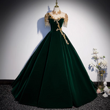 A-line Velvet Beaded Sequined Long Prom Dress with Gold Appliques Formal Evening Gown HZ1024