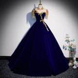 A-line Velvet Beaded Sequined Long Prom Dress with Gold Appliques Formal Evening Gown HZ1024