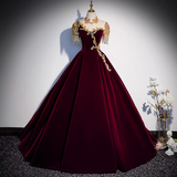 A-line Velvet Beaded Sequined Long Prom Dress with Gold Appliques Formal Evening Gown HZ1024