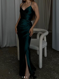 Dark Green Mermaid Spaghetti Strap Satin Long Prom Dress HZ1024