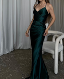Dark Green Mermaid Spaghetti Strap Satin Long Prom Dress HZ1024