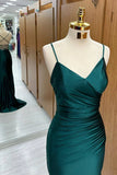Dark Green Mermaid Spaghetti Strap Satin Long Prom Dress HZ1024