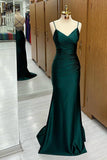 Dark Green Mermaid Spaghetti Strap Satin Long Prom Dress HZ1024