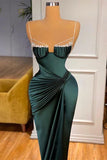 Green Mermaid Spaghetti-Straps Satin Long Prom Dress With Beadings HZ1024