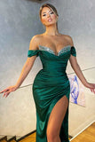 Green Mermaid Off-the-shoulder Sparkle Beaded Long Prom Dress with Slit HZ1024