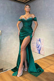 Green Mermaid Off-the-shoulder Sparkle Beaded Long Prom Dress with Slit HZ1024