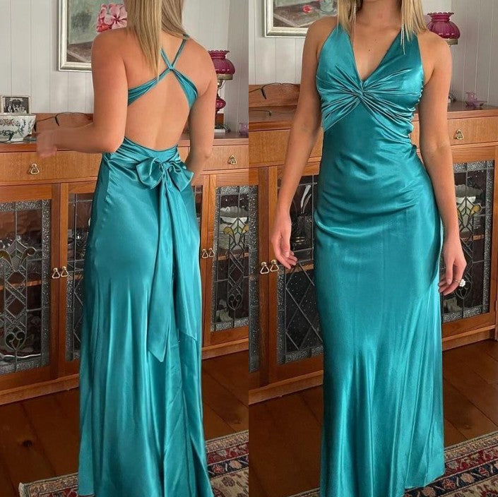 Yellow ??A-Line Long Prom Dress for Party&Guest-V Neck Satin Beautiful Backless Formal Evening Dress HZ1024