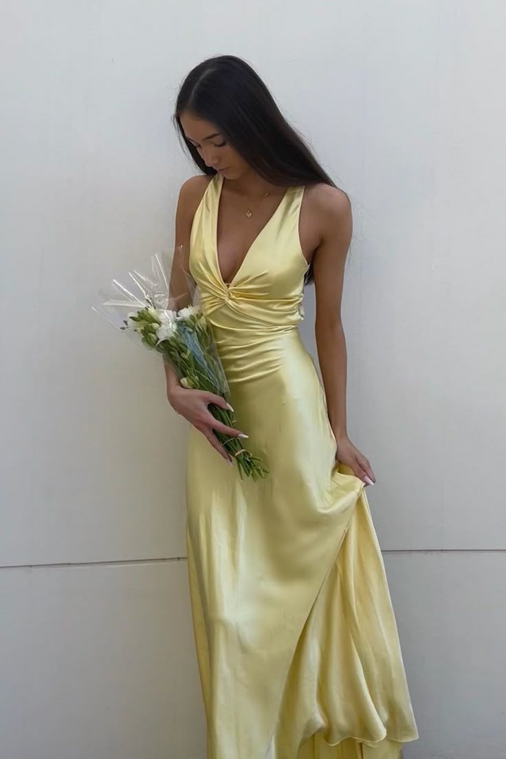 Yellow ??A-Line Long Prom Dress for Party&Guest-V Neck Satin Beautiful Backless Formal Evening Dress HZ1024