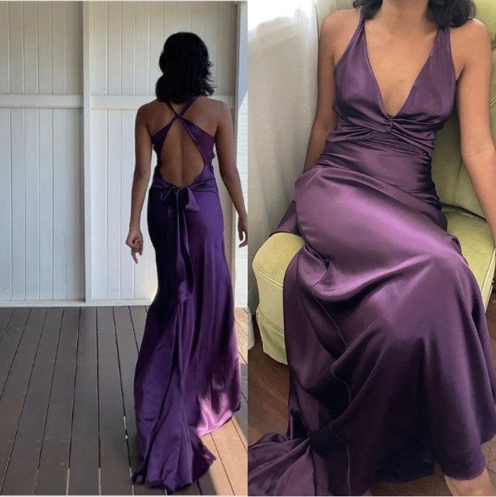Yellow ??A-Line Long Prom Dress for Party&Guest-V Neck Satin Beautiful Backless Formal Evening Dress HZ1024