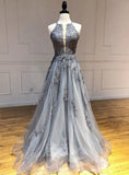 A-line Halter Tulle Appliques Long Prom Dress Backless Formal Evening HZ1024