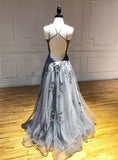 A-line Halter Tulle Appliques Long Prom Dress Backless Formal Evening HZ1024