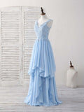 Blue A-line V Neck Applique Chiffon Long Prom Dress Lace Spaghetti Strap Bridesmaid Dress HZ1024