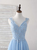 Blue A-line V Neck Applique Chiffon Long Prom Dress Lace Spaghetti Strap Bridesmaid Dress HZ1024