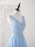 Blue A-line V Neck Applique Chiffon Long Prom Dress Lace Spaghetti Strap Bridesmaid Dress HZ1024