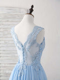 Blue A-line V Neck Applique Chiffon Long Prom Dress Lace Spaghetti Strap Bridesmaid Dress HZ1024