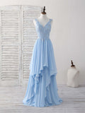 Blue A-line V Neck Applique Chiffon Long Prom Dress Lace Spaghetti Strap Bridesmaid Dress HZ1024