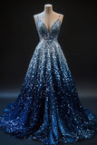 Blue A-line Spaghetti Straps Sequins Long Prom Dress V-neck Evening Gown HZ1024