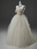 A-line Straps Tulle Long Prom Dress Simple Applique Wedding Dress HZ1024