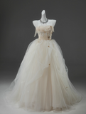 A-line Straps Tulle Long Prom Dress Simple Applique Wedding Dress HZ1024