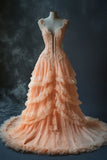 Pastel Orange Mermaid V-neck Tulle Applique Long Prom Dress Sweet Beaded Formal Evening Dress HZ1024