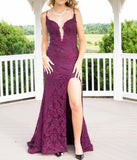 Mermaid Formal Dresses Under $170?? Charming Grape Spaghetti Straps Applique Long Backless Prom Dress With Slit HZ1024