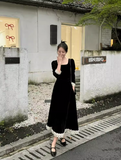 classic retro square neck waist heavy black dress HZ1024
