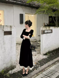 classic retro square neck waist heavy black dress HZ1024