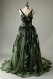 V-neck Tulle Applique Long Prom Dress Vintage Lace Formal Evening Dress HZ1024