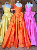 one shoulder satin long prom dress with bow HZ1024
