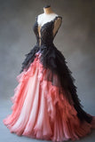 A-line Tulle Lace Deep V Neck Long Prom Dresses, Layered Beaded Evening Dress HZ1024
