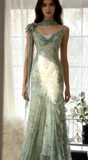 Green Mermaid Formal Dresses Beaded Chiffon Open Back Long Prom Dresses Spaghetti Straps Guest Dresses HZ1024