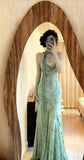 Green Mermaid Formal Dresses Beaded Chiffon Open Back Long Prom Dresses Spaghetti Straps Guest Dresses HZ1024