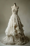 A-line Spaghetti Strap Beaded Tulle Long Prom Dress Simple Applique Wedding Dress HZ1024
