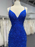 V Neck Royal Blue Beade Applique Tulle Long Prom Dress, Evening Dress HZ1024
