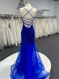 V Neck Royal Blue Beade Applique Tulle Long Prom Dress, Evening Dress HZ1024
