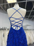 V Neck Royal Blue Beade Applique Tulle Long Prom Dress, Evening Dress HZ1024