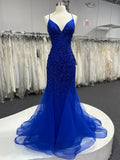 V Neck Royal Blue Beade Applique Tulle Long Prom Dress, Evening Dress HZ1024