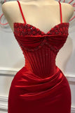 Mermaid Spaghetti StrapsSatin Long Formal Dress with Beading Wedding Guest Dress HZ1024