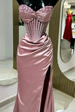 Mermaid Spaghetti StrapsSatin Long Formal Dress with Beading Wedding Guest Dress HZ1024