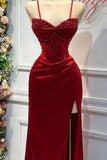 Mermaid Spaghetti StrapsSatin Long Formal Dress with Beading Wedding Guest Dress HZ1024