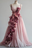 Pink A-line Sweetheart Neck Tulle Long Prom Dress 3D Applique Wedding Dress HZ1024