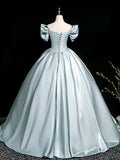 V Neck Satin Blue Long Prom Dress, Blue Long Formal Dress HZ1024
