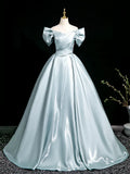 V Neck Satin Blue Long Prom Dress, Blue Long Formal Dress HZ1024