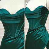 Green Mermaid Satin Spaghetti Straps Long Prom Dress With Split HZ1024