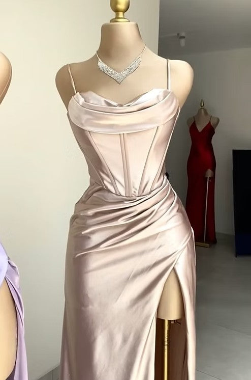Green Mermaid Satin Spaghetti Straps Long Prom Dress With Split HZ1024