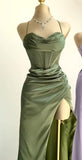 Green Mermaid Satin Spaghetti Straps Long Prom Dress With Split HZ1024